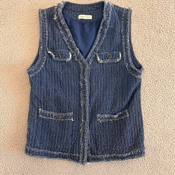 Y2K Vest Blue Waistcoat Tailored Suit Button Front Boho Textured - Picture 7 of 11